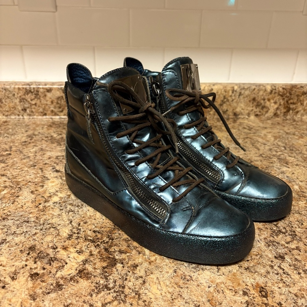 Giuseppe Zanotti Patent Leather Moto Boots Blue Metallic